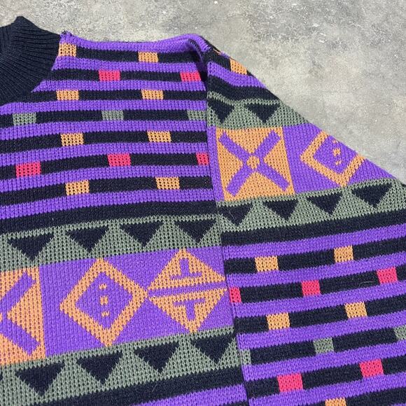 Vintage 80s Spunky Purple/Black Pattern Mock Neck Sweater - Picture 2 of 4